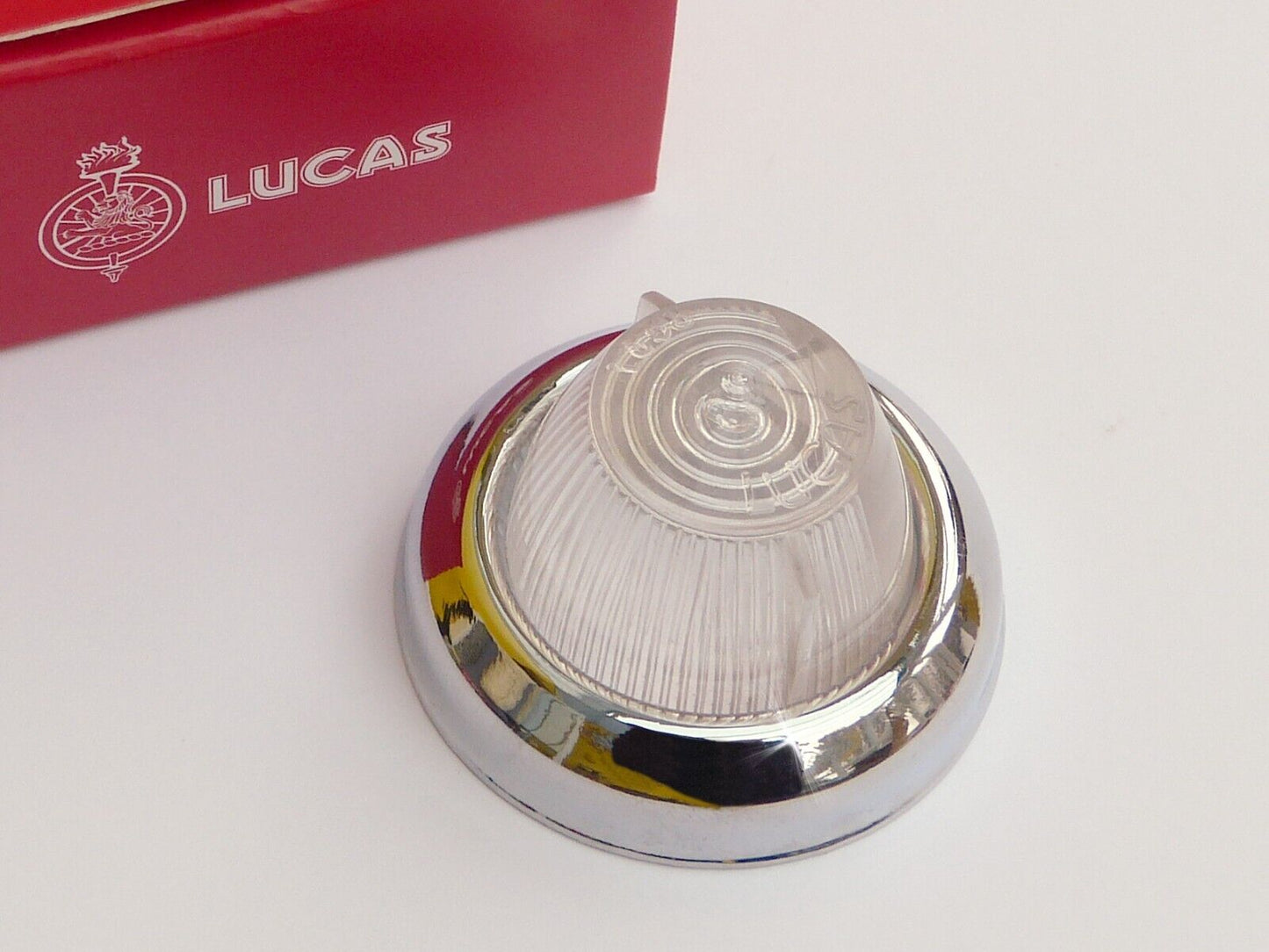 Genuine Lucas L658 Lens & Chrome Rim, Triumph TR250 TR4A TR5, Lotus Elan, 510897