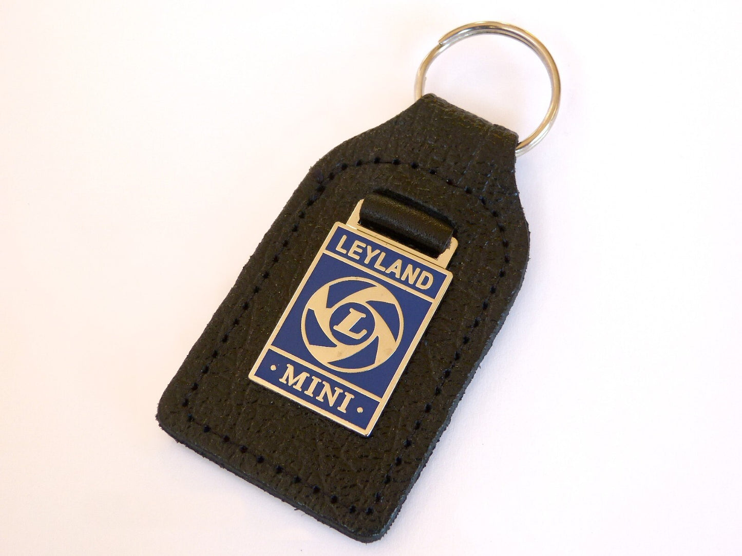 Leyland Mini, Chrome & Blue Enamel Genuine Leather Key Ring / Key Fob