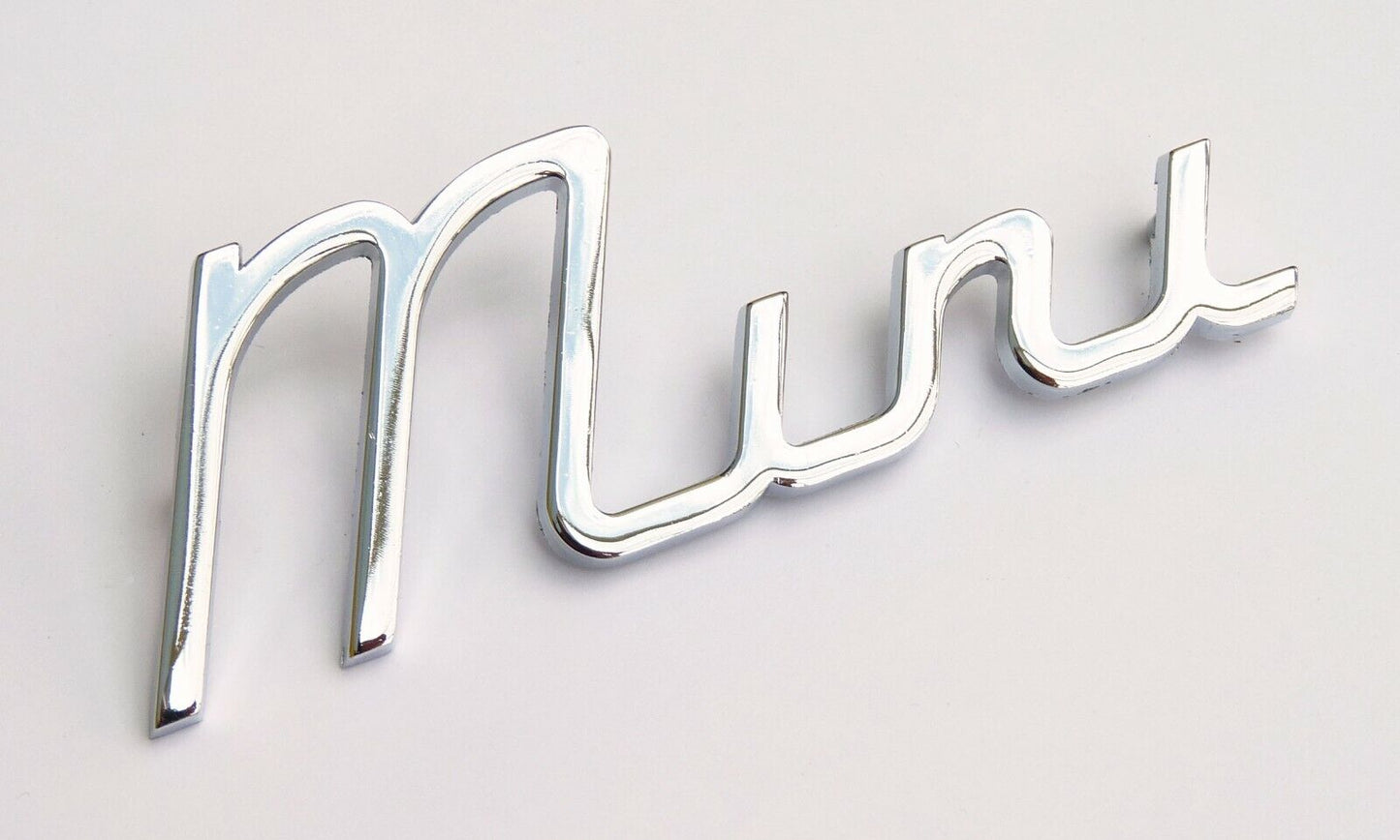 Classic Austin Mini Chrome "Mini" Script Badge, BMC part; 24A997