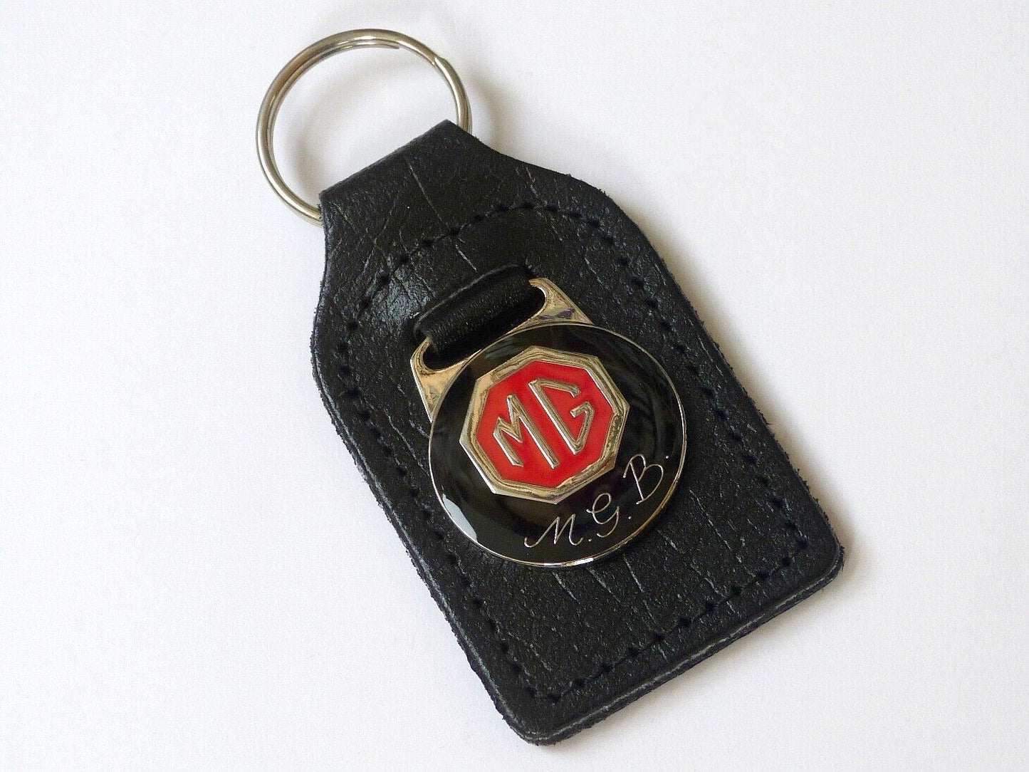 MGB MGBGT Chrome Red & Black Enamel Genuine Leather Key Ring / Key Fob