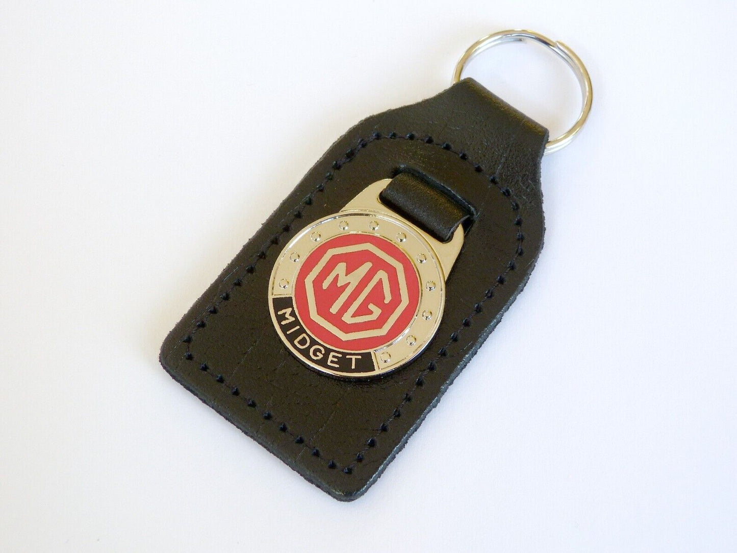MG Midget Chrome Red & Black Genuine Leather Key Ring / Key Fob, Octagon