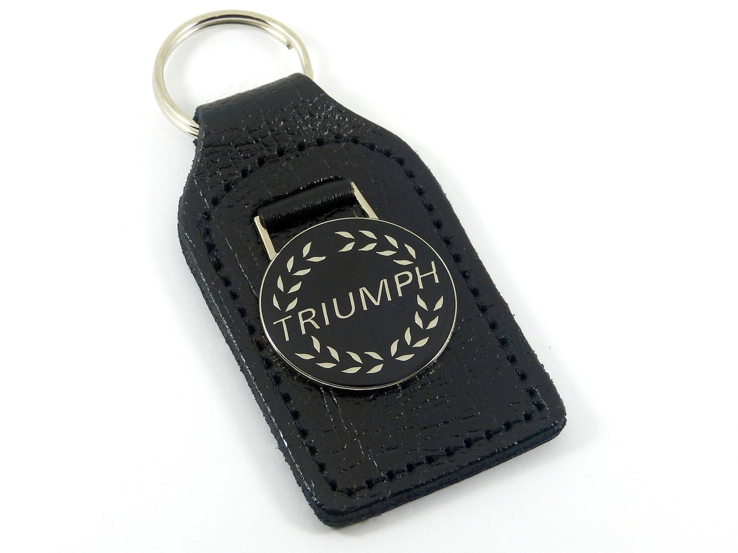 Triumph Wreath Black Chrome, Leather & Enamel Key Fob / Key Ring, TR7 TR8 Stag