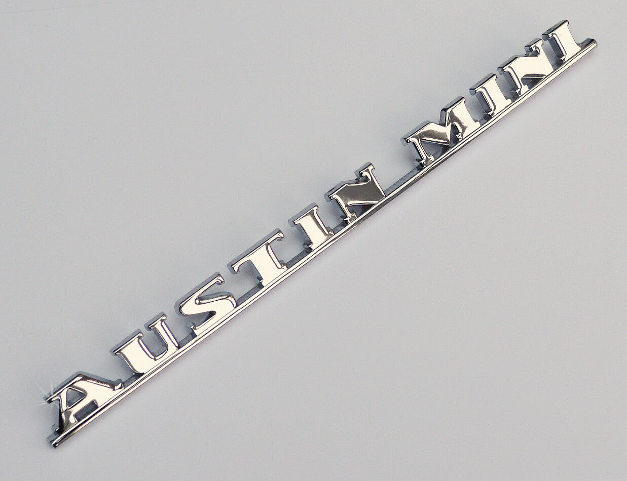 Classic Austin Mini Chrome "Austin Mini" Script Boot Badge, BMC part; ALA6622