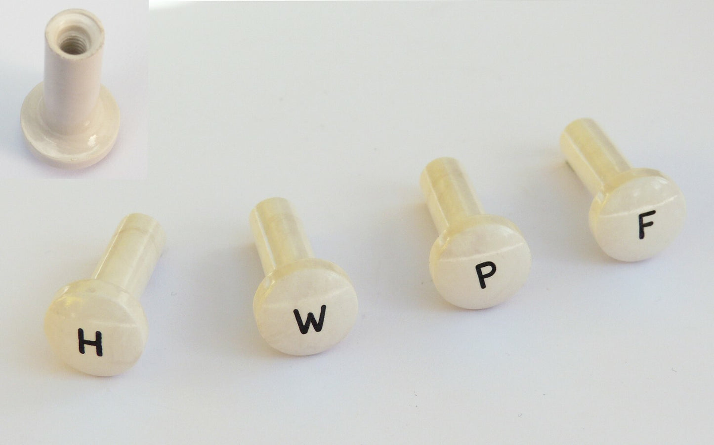 Jowett Ivory Lucas Type Engraved Screw-On Switch Knob Set; H W P F