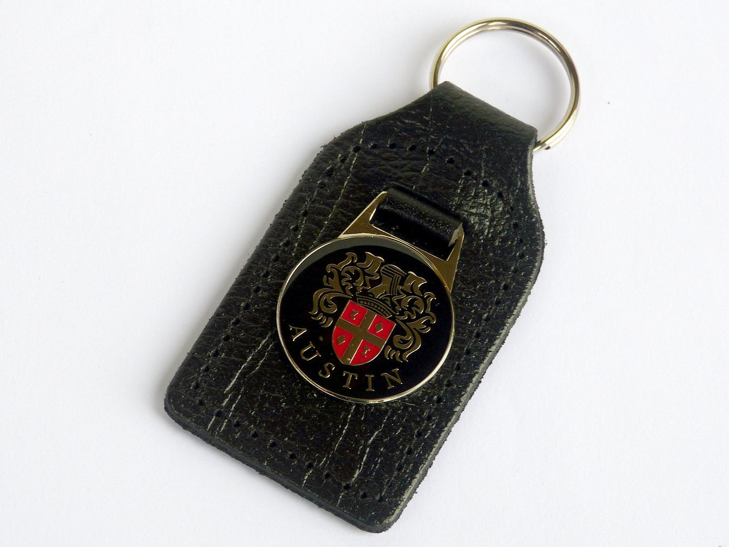 Austin Chrome & Black Red Enamel Genuine Leather Key Ring / Key Fob