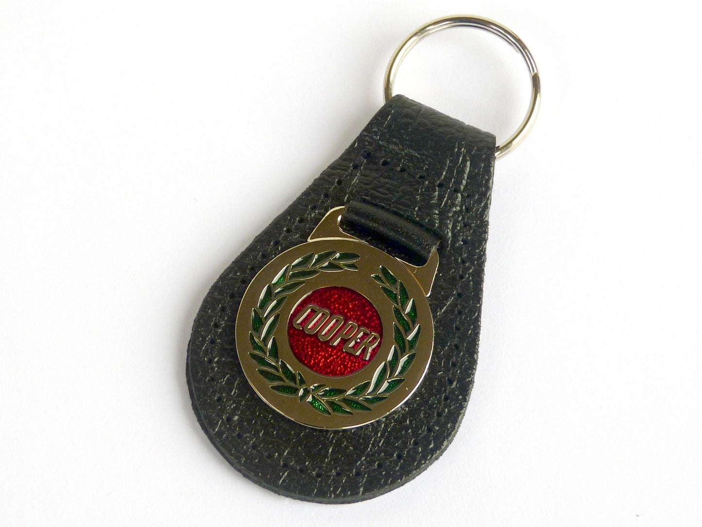 Cooper Wreath Green Red Chrome, Leather & Enamel Key Fob / Key Ring, Mini