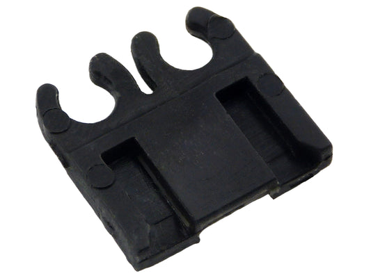 A small black plastic multi-prong connector or clip with three upward-pointing prongs and a rectangular slot on the base, shown on a plain white background.