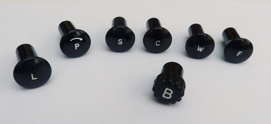 MGA Black Engraved Hex Knob Set for Lucas Control Cables & Lucas Switches