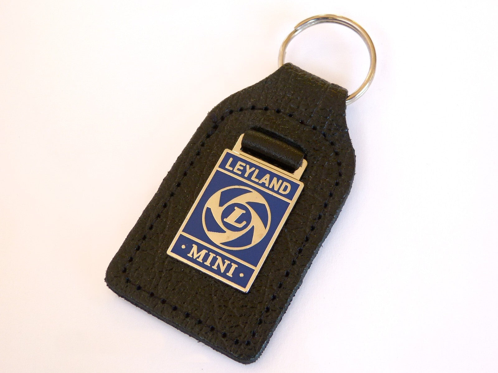 Leyland Mini, Chrome & Blue Enamel Genuine Leather Key Ring / Key Fob