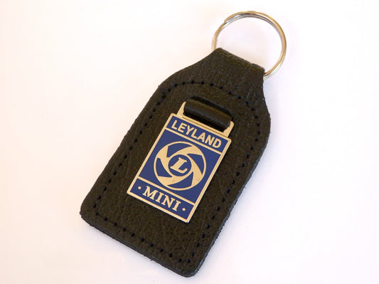Leyland Mini, Chrome & Blue Enamel Genuine Leather Key Ring / Key Fob
