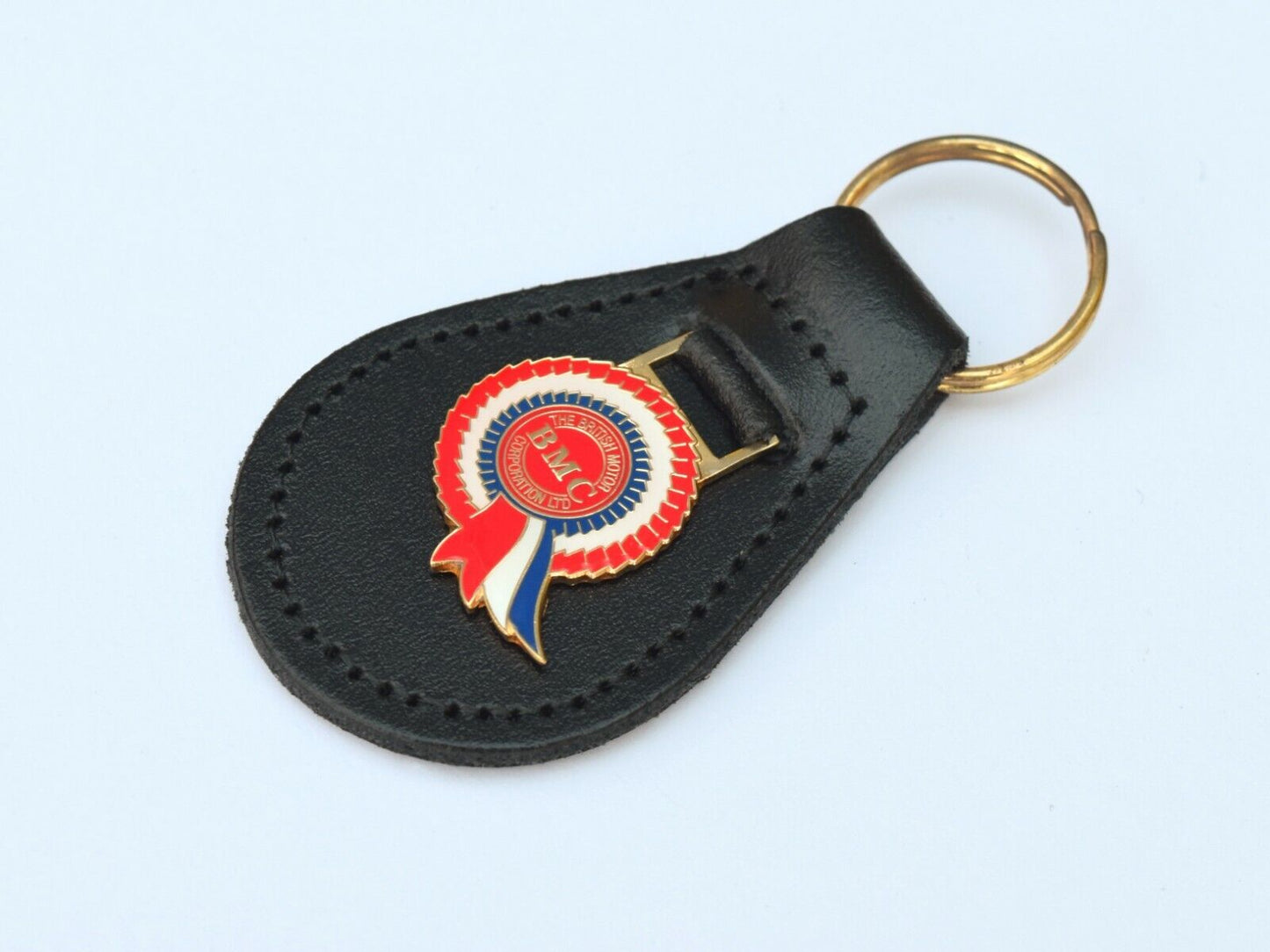 BMC Rosette Gold, Red, White & Blue Enamel Genuine Leather Key Ring / Key Fob