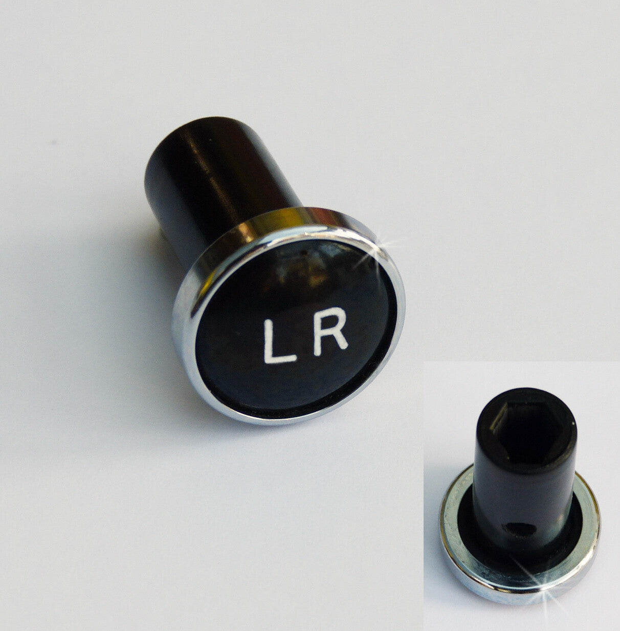 Lucas Type Classic Car Chrome Rimmed Black LR Long Range Knob, Riley Wolseley
