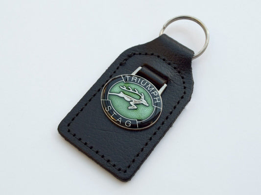 Triumph Stag Leather, Green Enamel & Chrome (Leaping Stag Emblem) Key Fob / Ring