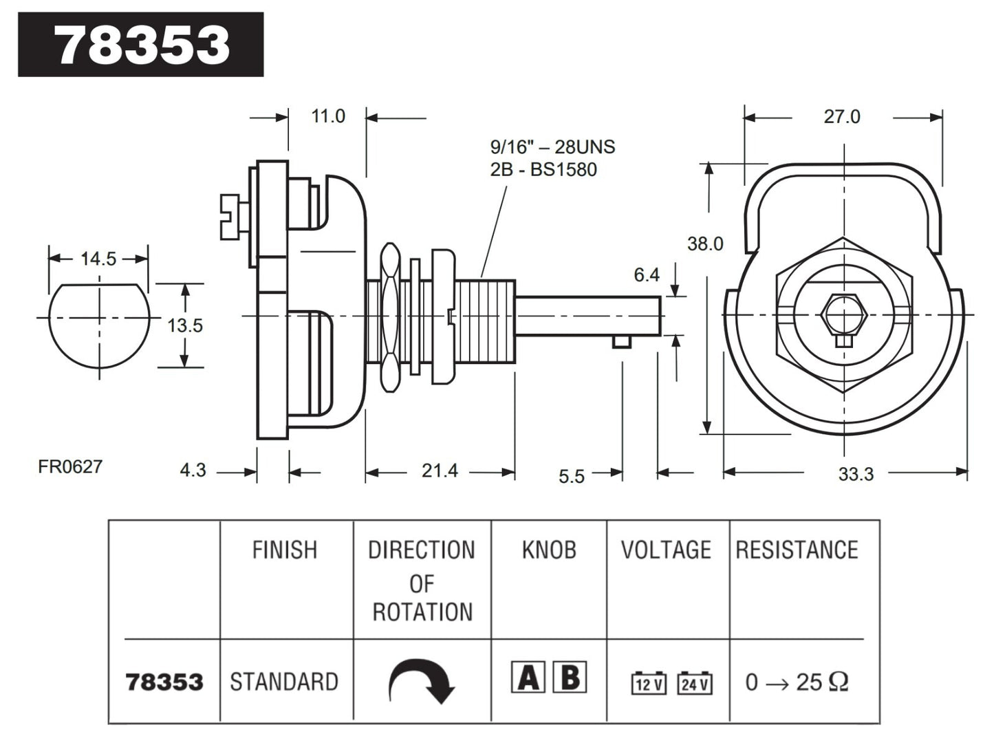 Lucas 3R Heater Rheostat Switch 78384 for Triumph, Mini, Land Rover, 57H5260