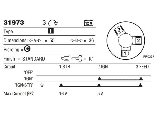Lucas 31973, 47SA Ignition Switch for Mini, Morris Minor Sprite, Midget, 13H337