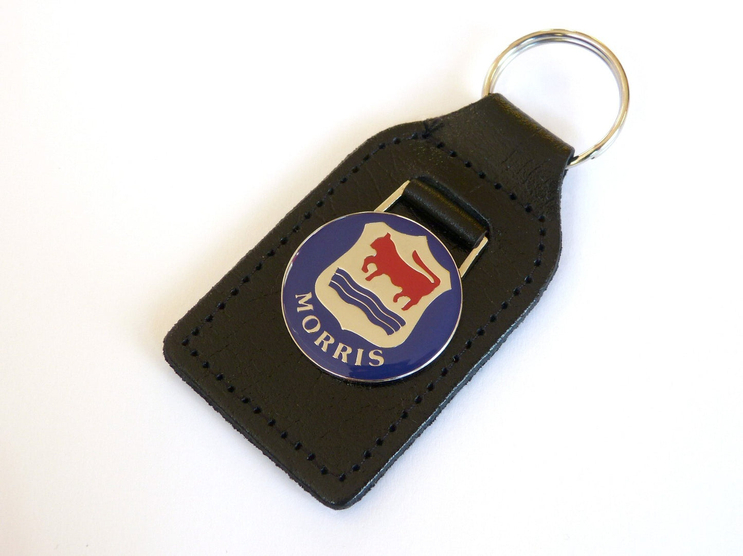 Morris Bull / Ox Chrome, Blue & Red Enamel Genuine Leather Key Ring / Key Fob