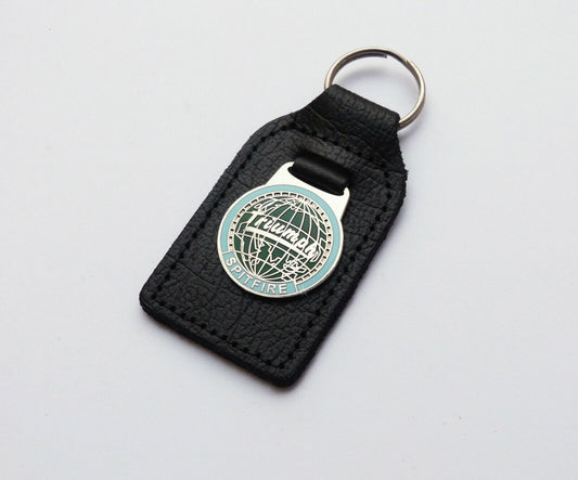 Triumph Spitfire Leather, Enamel & Chrome Globe / World Emblem Key Fob / Ring.