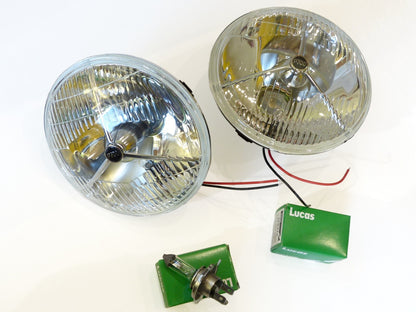 Pair of Lucas Type P700 Classic Car RHD 7" H4 Head Lamps with Pilot Light +Bulbs