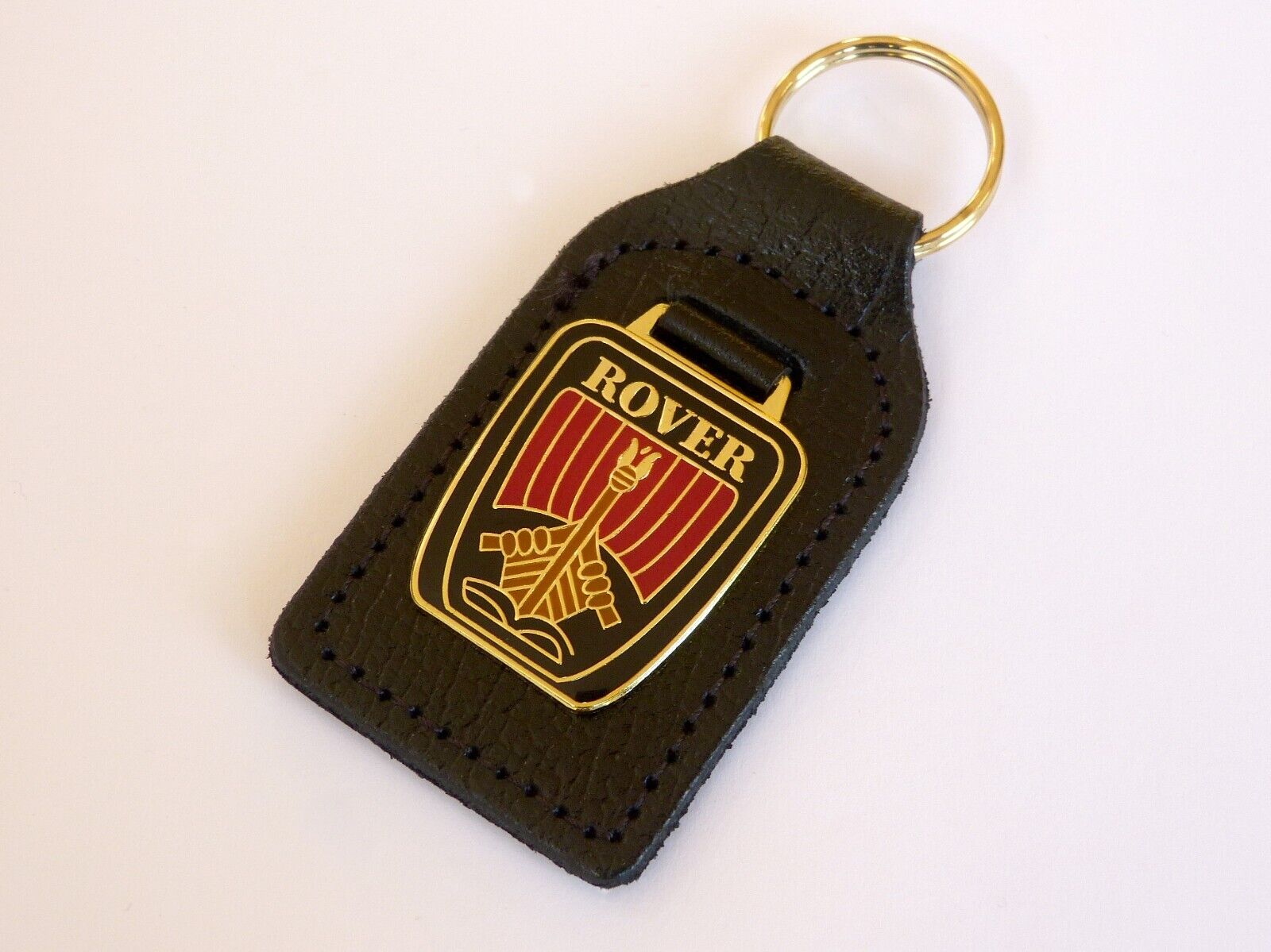 Rover Viking Longship Gold, Black &Red Enamel Genuine Leather Key Ring / Key Fob