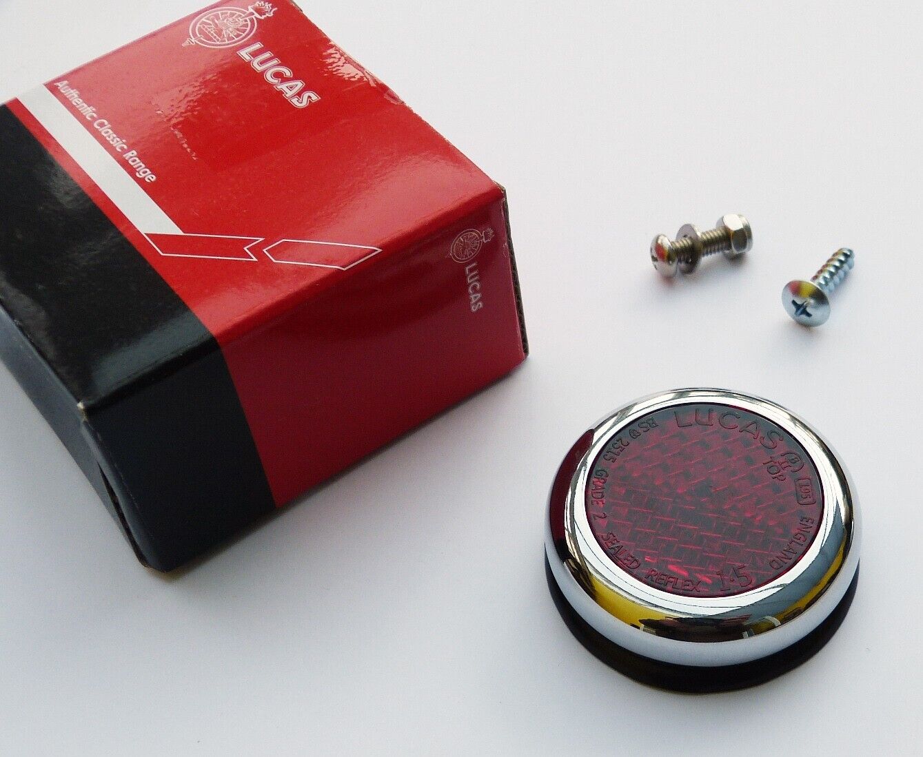 Genuine Lucas RER25 Red Reflector & Chrome Rim, for Classic Car or Motorcycle