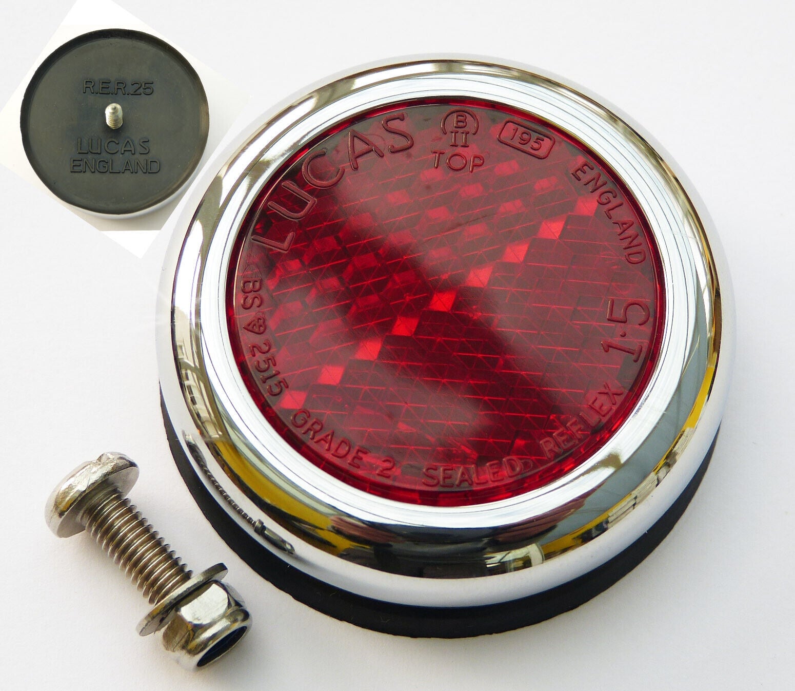 Genuine Lucas RER25 Red Reflector & Chrome Rim, for Classic Car or Motorcycle