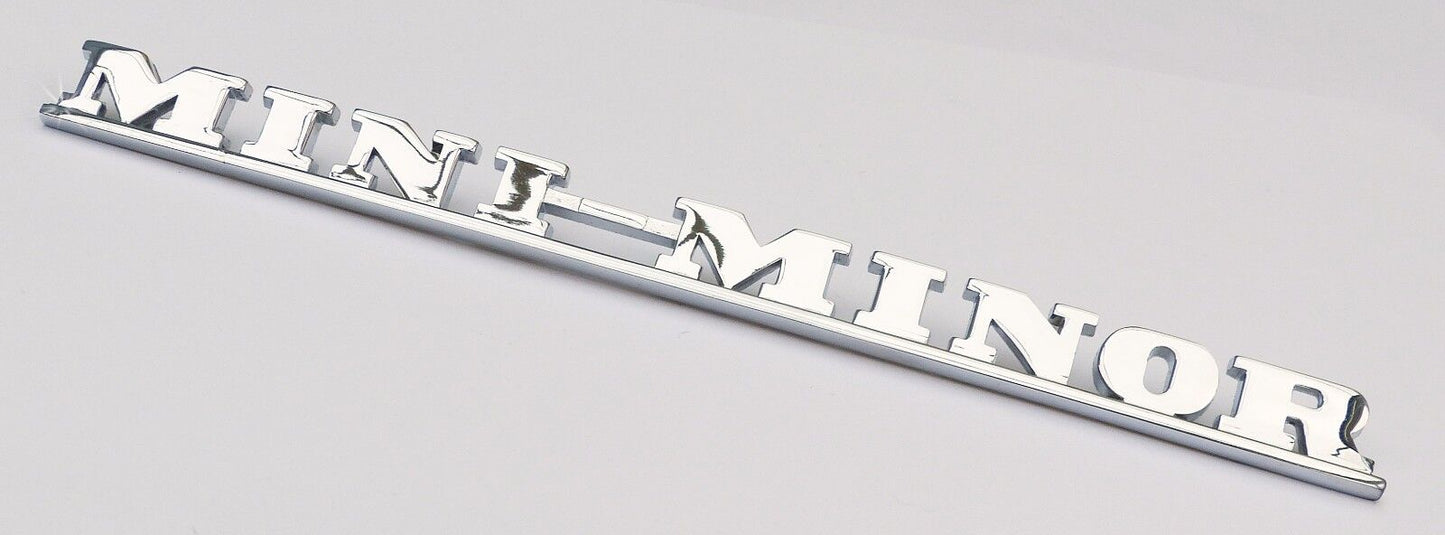 Classic Austin Mini Chrome "Mini Minor" Script Badge, BMC part; ADA3730