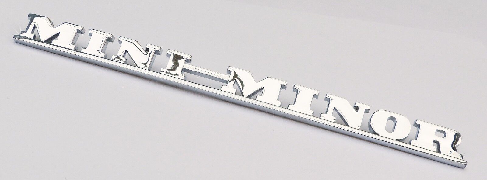 Classic Austin Mini Chrome "Mini Minor" Script Badge, BMC part; ADA3730