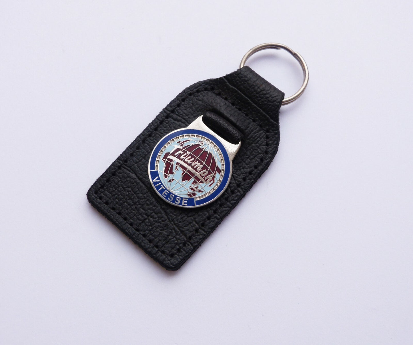 Triumph Vitesse Leather, Enamel & Chrome Globe / World Emblem Key Fob / Ring.