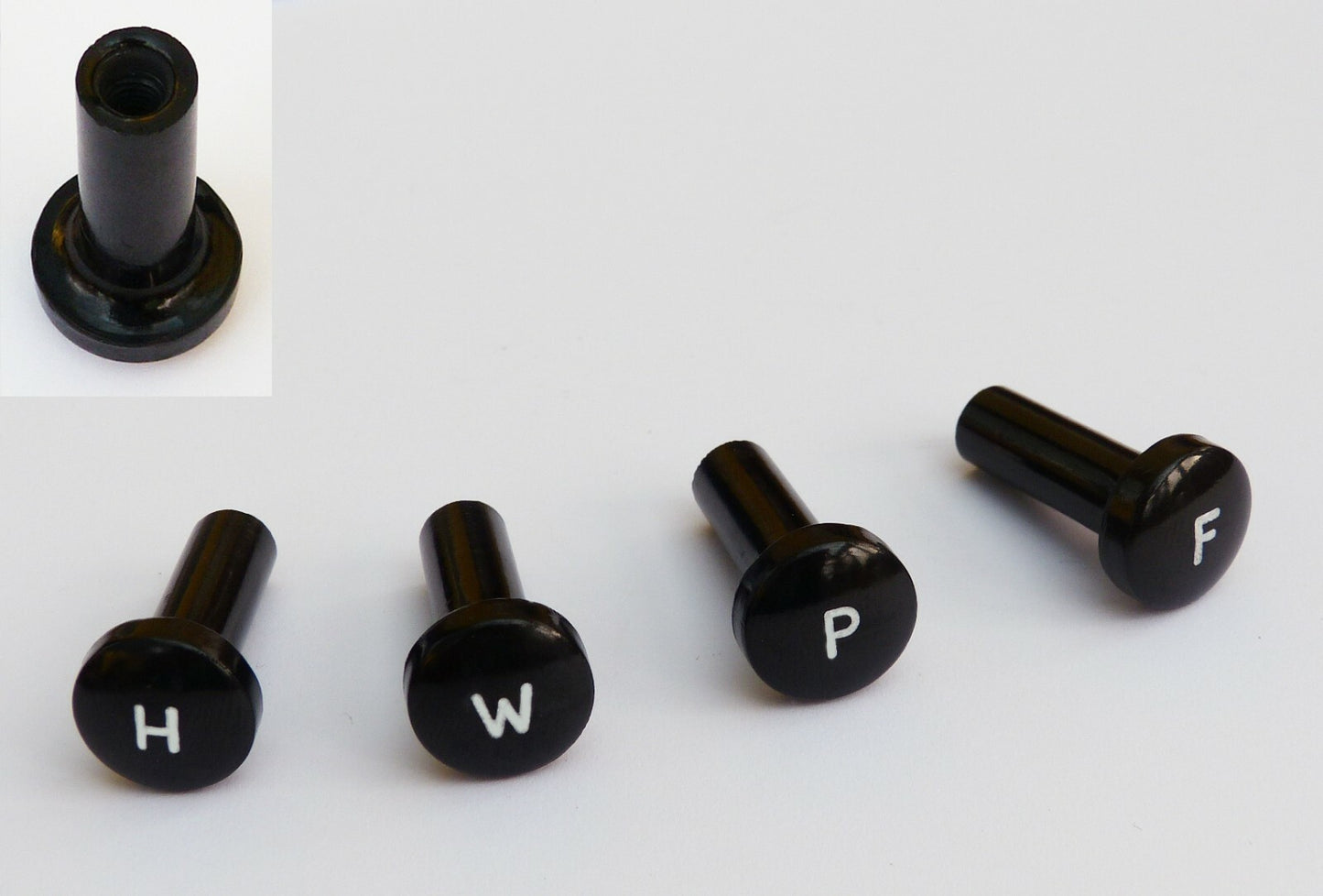 Jowett Black Lucas Type Engraved Screw-On Switch Knob Set; H W P F