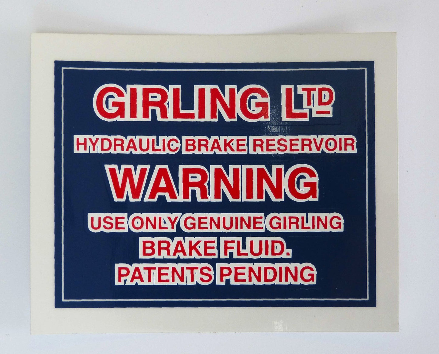 Girling Hydraulic Brake Reservoir Warning Decal / Sticker Austin Healey 3000 etc
