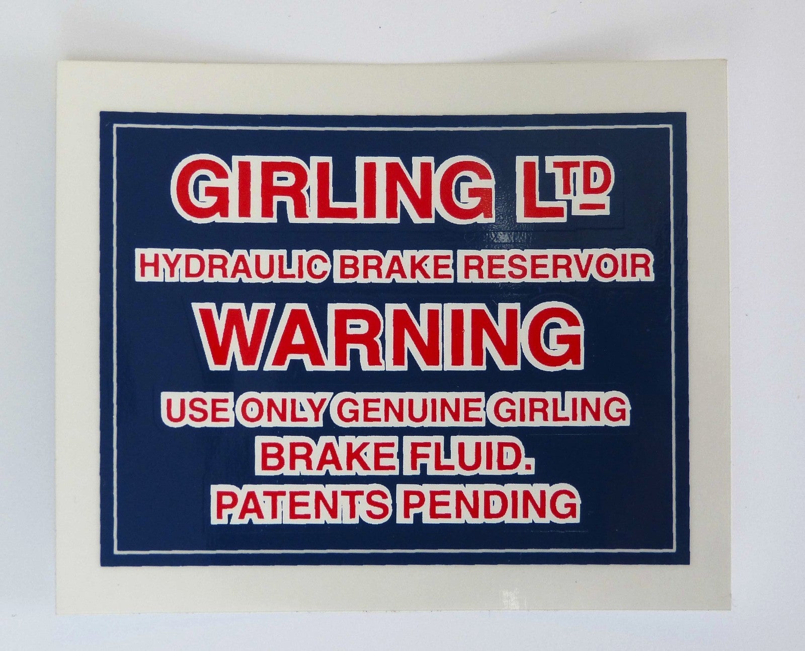 Girling Hydraulic Brake Reservoir Warning Decal / Sticker Austin Healey 3000 etc