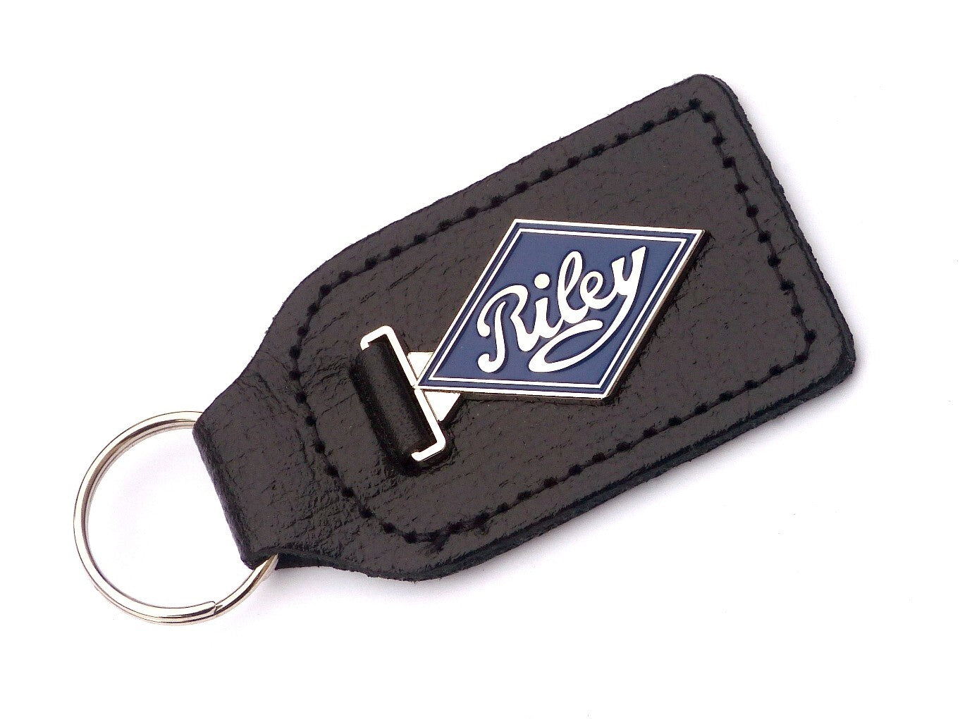 Riley Chrome & Blue Enamel Genuine Leather Key Ring / Key Fob