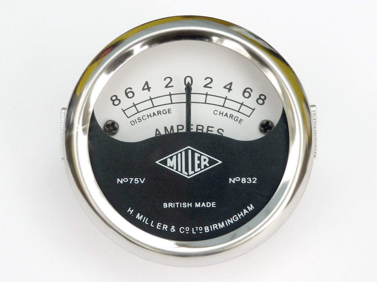 Miller 2" 75V 832 Ammeter Gauge Chrome Bezel White Face for Classic Motorcycle