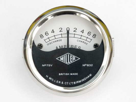 Miller 2" 75V 832 Ammeter Gauge Chrome Bezel White Face for Classic Motorcycle