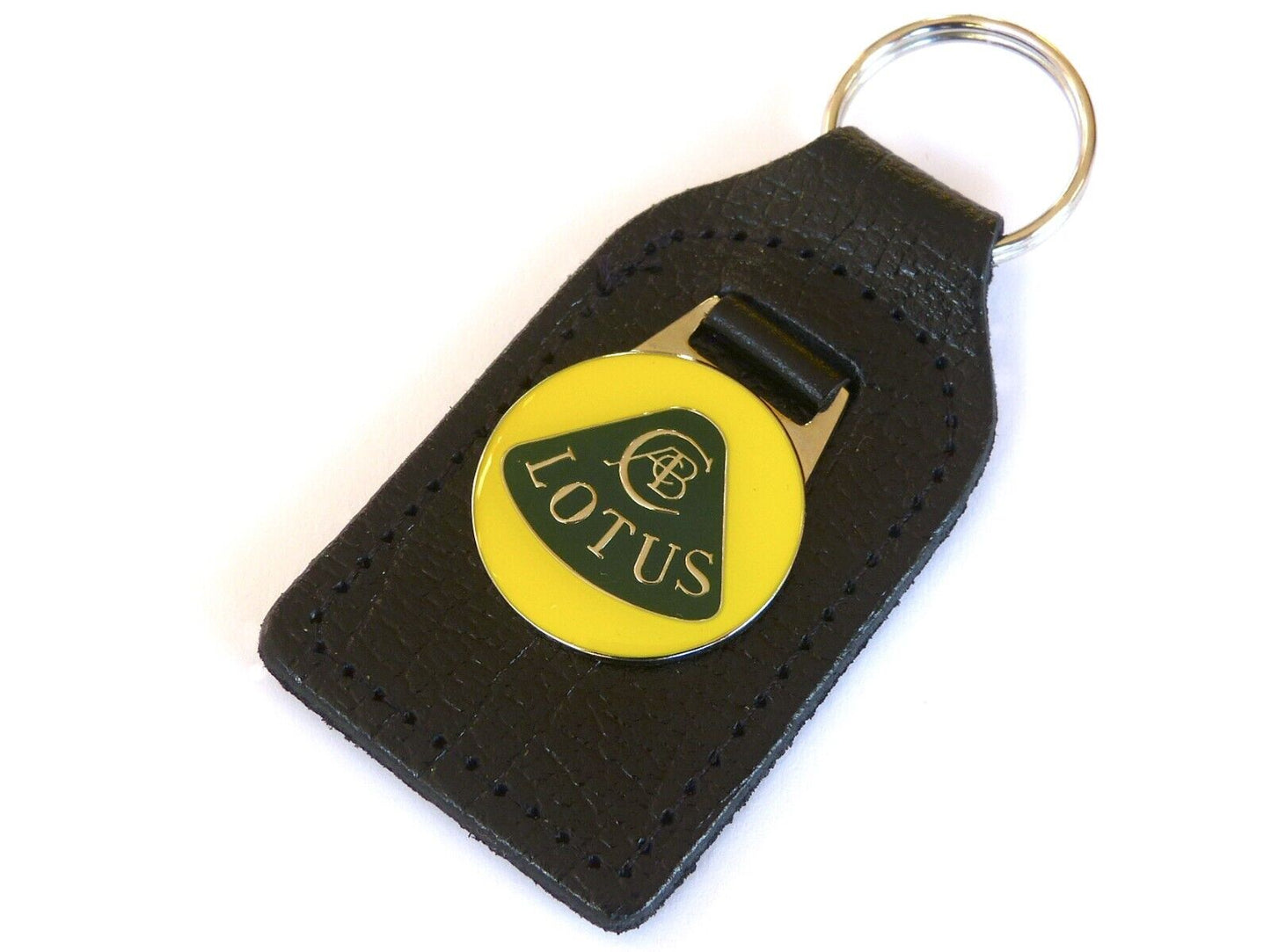 Lotus Chrome, Yellow & Green Enamel Genuine Leather Key Ring / Key Fob