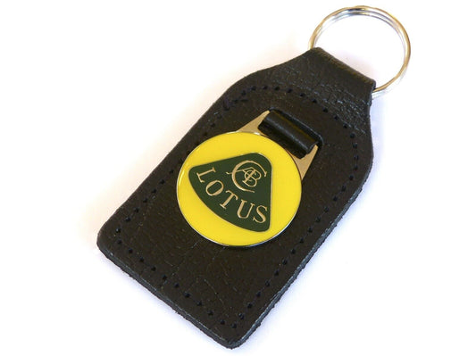 Lotus Chrome, Yellow & Green Enamel Genuine Leather Key Ring / Key Fob